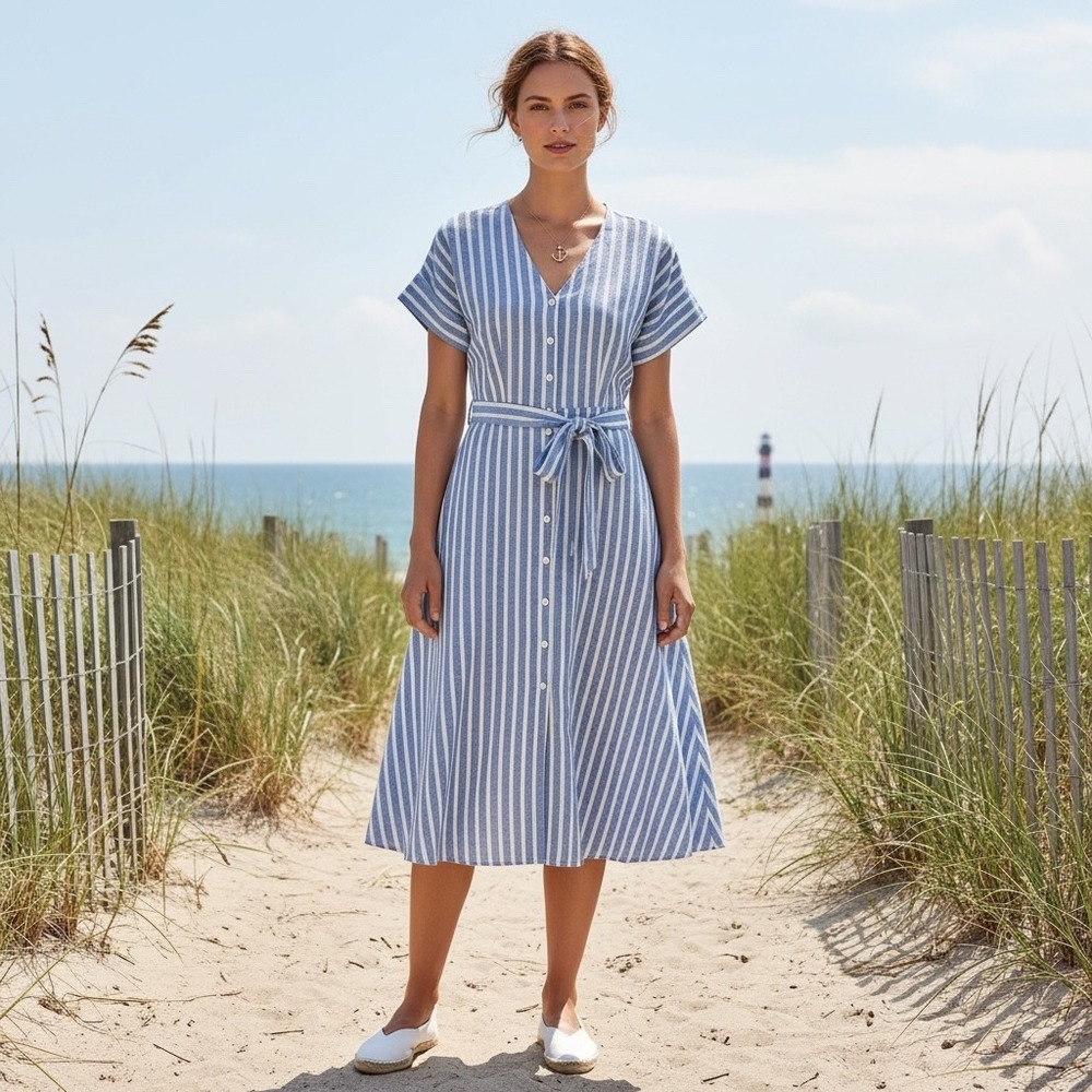 Chaps Blue White Stripe Button Front Belted Midi Dress Womens Size Medium Preppy